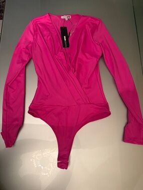 Fashion Nova Hot Pink Long Sleeve Wrap Bodysuit